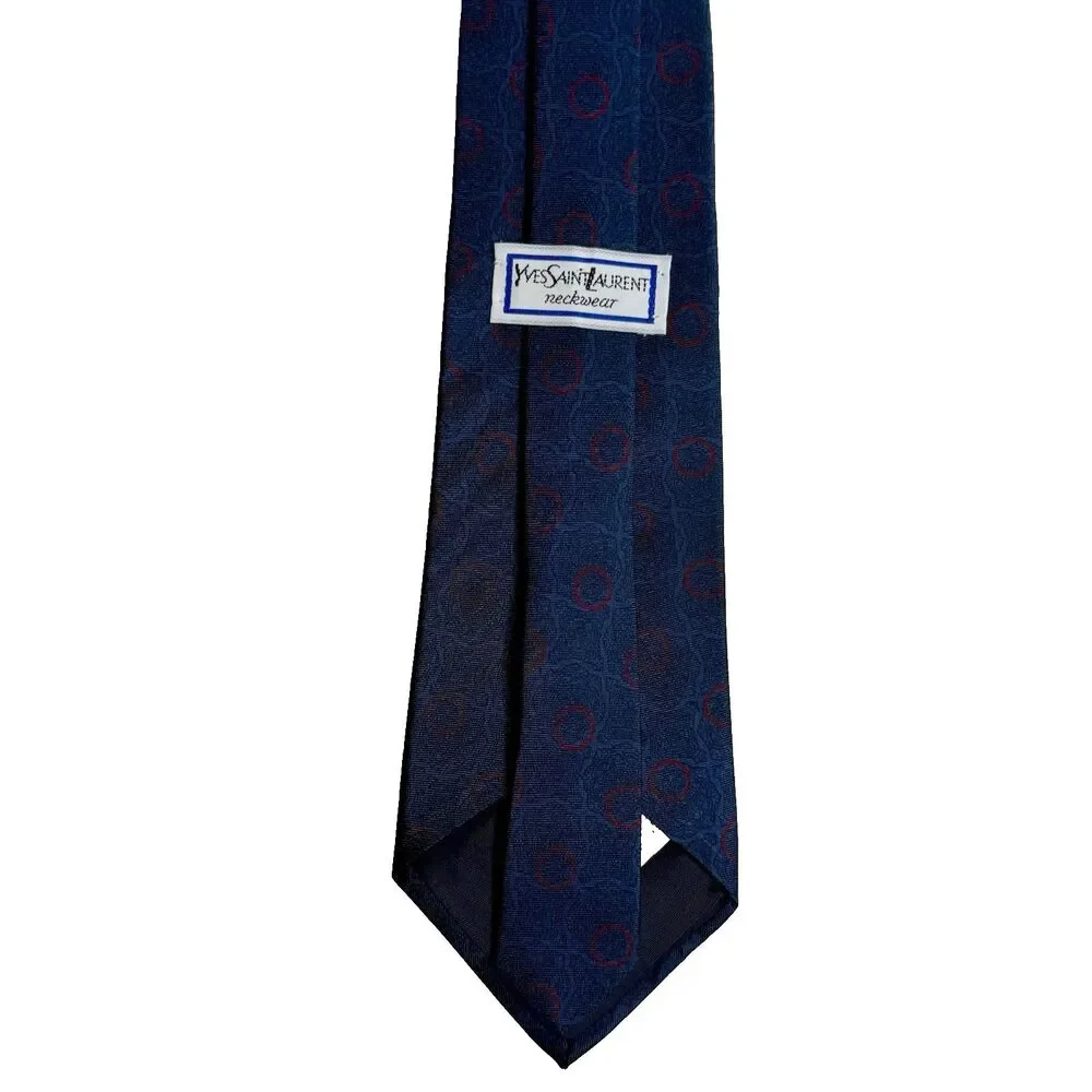 YVES SAINT LAURENT Men's Silk Tie -Dark Blue w/Red Circles Geometric 54.5
